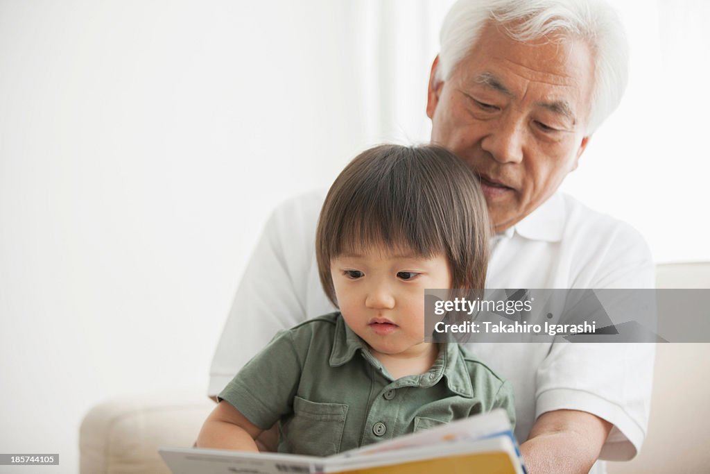 Grandfather reading to grandson