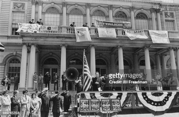 New York mayor Ed Koch attends the FDNY Medal Day ceremony at City Hall, New York City, 1980.