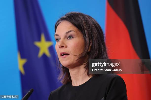 German Foreign Minister Annalena Baerbock speaks to the media following talks with Lebanese Minister of Foreign Affairs Abdallah Bou Habib on...