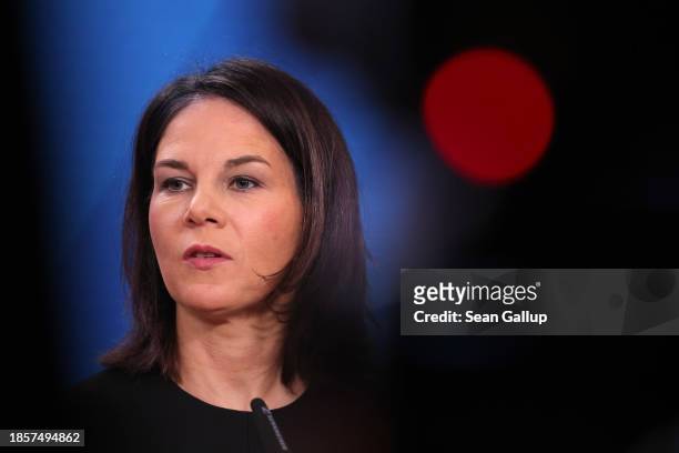 German Foreign Minister Annalena Baerbock speaks to the media following talks with Lebanese Minister of Foreign Affairs Abdallah Bou Habib on...