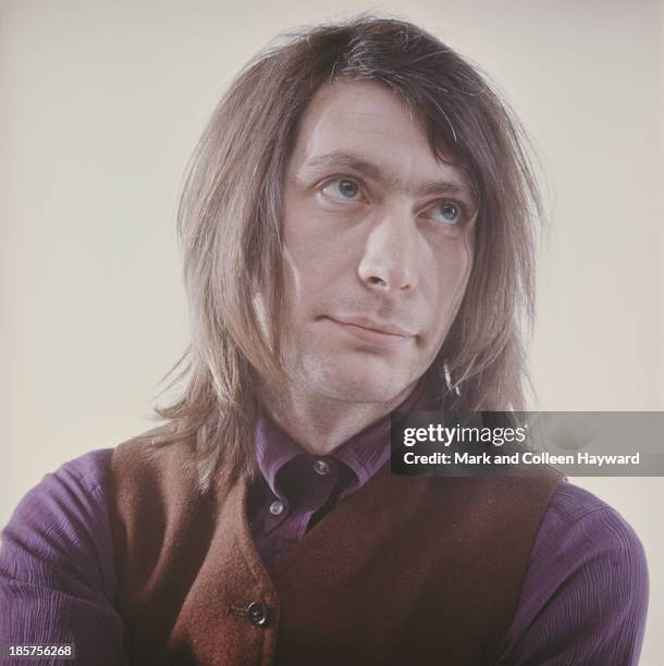 Circa 1970: Studio portrait of English drummer and member of The Rolling Stones Charlie Watts posed circa 1970.