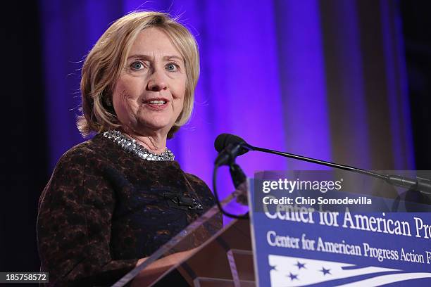 Former Secretary of State Hillary Clinton addresses a gala celebrating the 10th anniversary of the Center for American Progress at the Mellon...