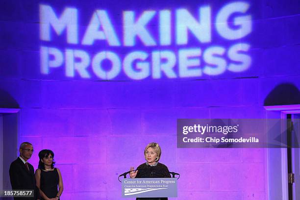 Former Secretary of State Hillary Clinton addresses a gala celebrating the 10th anniversary of the Center for American Progress with center...