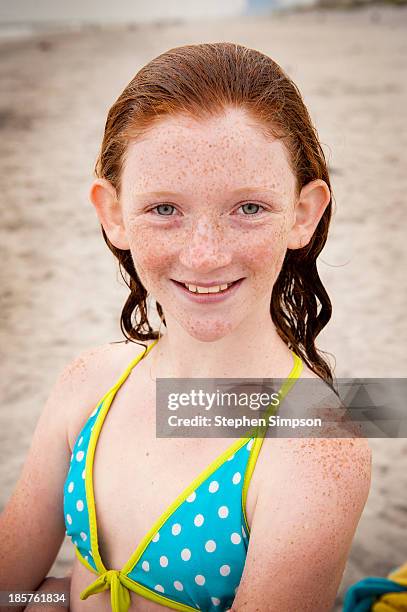 wet-haired, freckle-faced beach portrait - freckle girl stock pictures, royalty-free photos & images