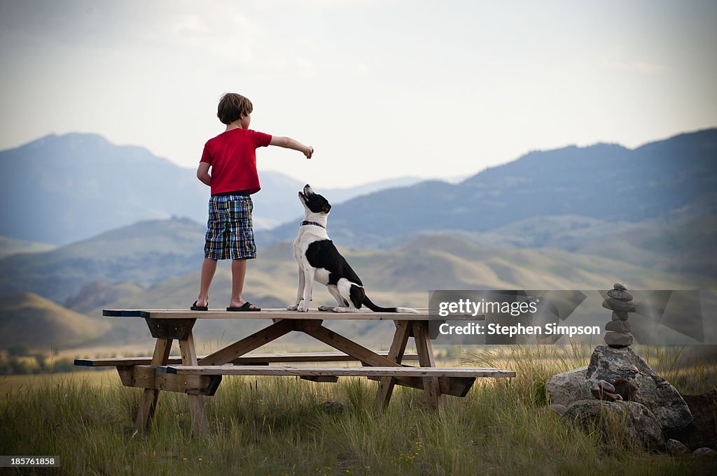 Boy on picnic table training his dog