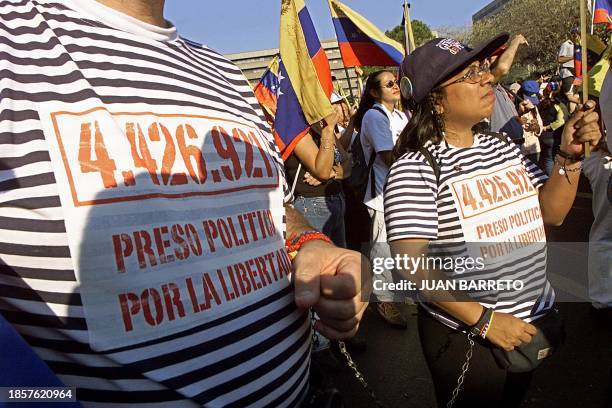 Protestors against President Hugo Chavez demonstrate in Caracas 08 March 2003. AFP PHOTO/Juan BARRETO Opositores al mandatario venezolano Hugo...