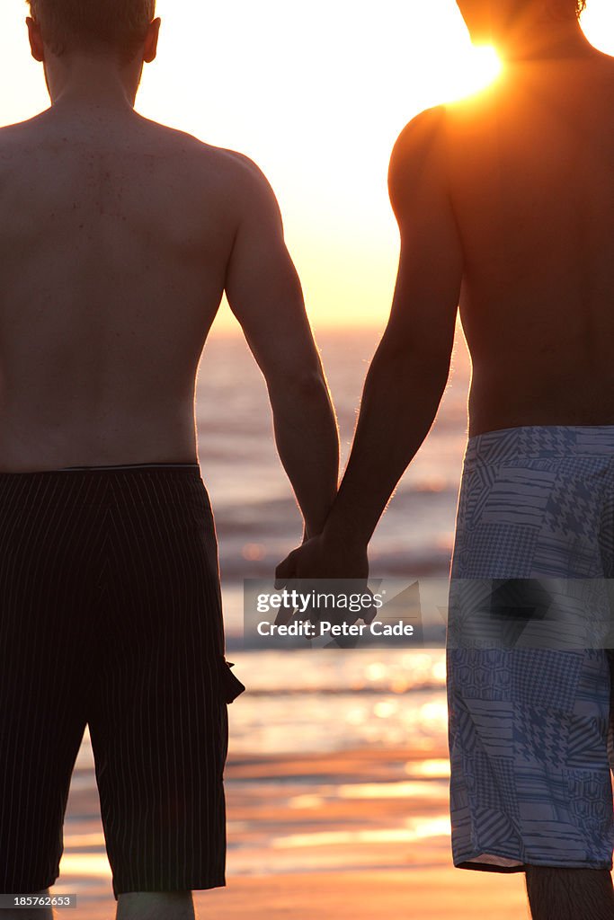Gay couple holding hands on beach