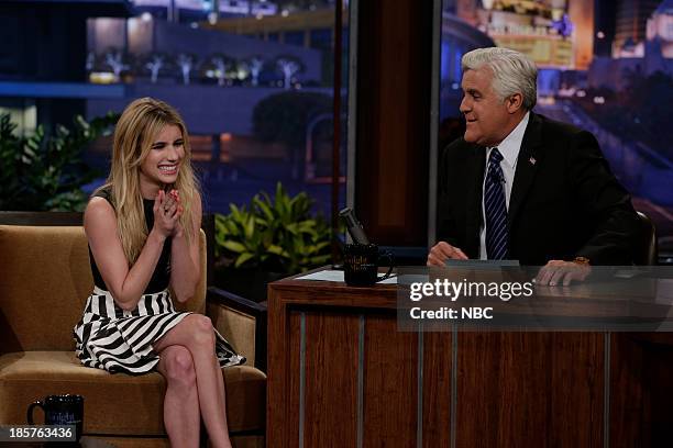 Episode 4552 -- Pictured: Actress Emma Roberts during an interview with host Jay Leno on October 24, 2013 --