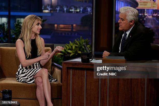 Episode 4552 -- Pictured: Actress Emma Roberts during an interview with host Jay Leno on October 24, 2013 --