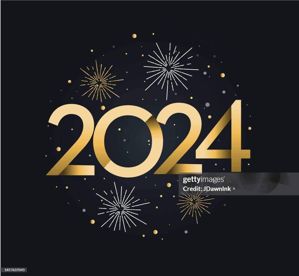 New Year 2024 greeting card banner design in gold and white fireworks