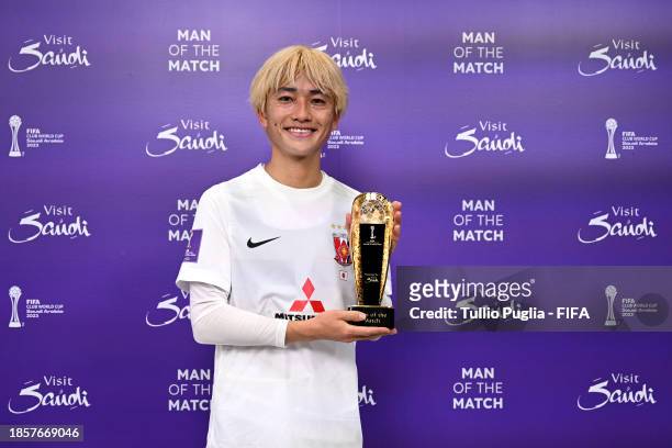 Yoshio Koizumi of Urawa Reds poses for a photo with his Man of the Match award after the FIFA Club World Cup Saudi Arabia 2023 match between Club...