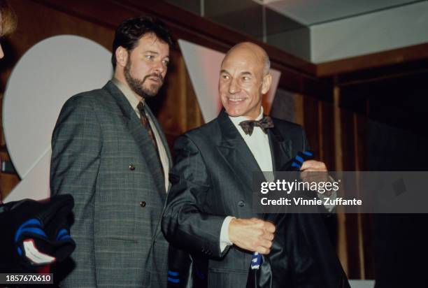 British actor Patrick Stewart, wearing a dark grey pinstripe suit and bow tie, attends Education First!'s 1st Vision Award Salute, held at the Hotel...
