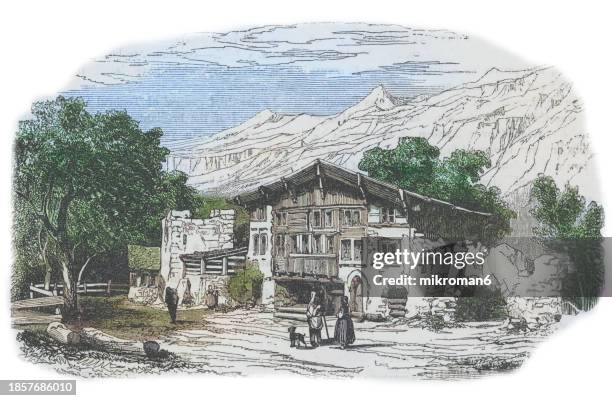 old engraved illustration of house of gessler, amsteg, canton of uri, central switzerland - provincetown massachusetts stock pictures, royalty-free photos & images