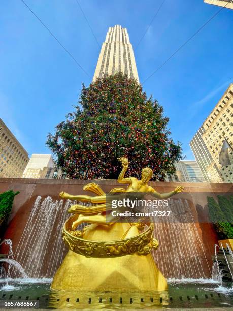 christmas tree at rockefeller center - new york rockefeller center ice rink stock pictures, royalty-free photos & images