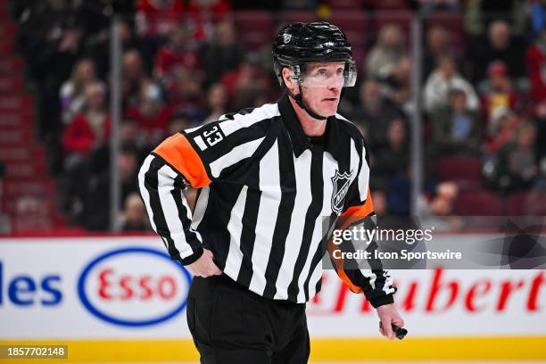 Look on NHL referee Kevin Pollock during the New York Islanders versus the Montreal Canadiens game on December 16 at Bell Centre in Montreal, QC