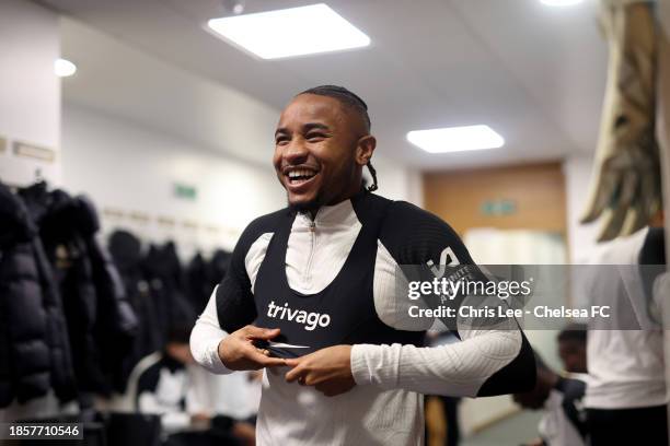 Christopher Nkunku of Chelsea gets ready for training during the Chelsea Training Session at Chelsea Training Ground on December 15, 2023 in Cobham,...