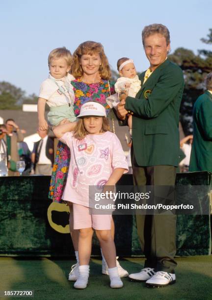 Bernhard Langer of Germany with his wife, Vikki, and their children, Stefan, Jackie and Christina, after winning the US Masters Golf Tournament held...