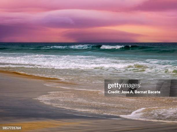 beach landscape, waves of transparent water on the golden sand of the beach at sunset. - bernat bacete stock pictures, royalty-free photos & images