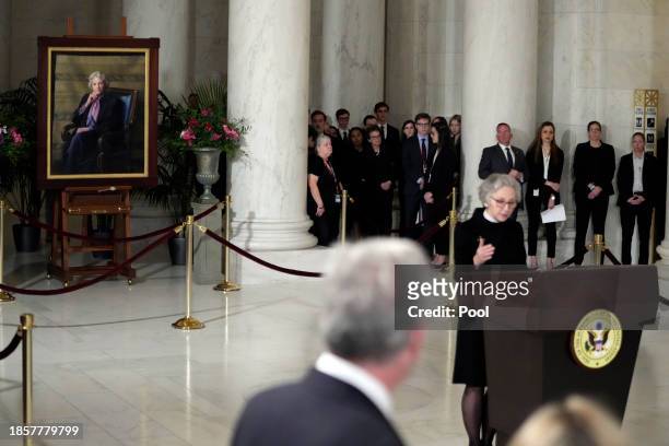Rev. Dr. Jane E. Fahey speaks during a private ceremony for retired Supreme Court Justice Sandra Day O'Connor before public repose in the Great Hall...