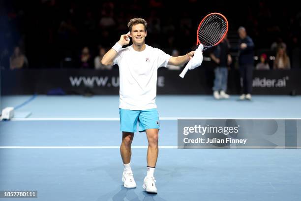 Diego 'El Peque' Schwartzman of Argentina celebrates after winning match point in the Group A match against Benoit 'The Rebel' Paire of France on Day...