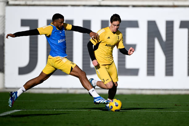Gleison Bremer, Kenan Yildiz of Juventus during a training session at JTC on December 18, 2023 in Turin, Italy.