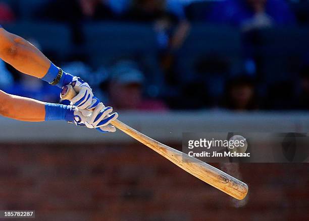 Detailed view of a bat hitting a ball during a game between the New York Mets and the Milwaukee Brewers at Citi Field on September 29, 2013 in the...
