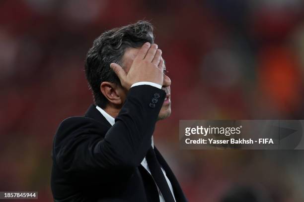 Marcelo Gallardo, Head Coach of Al Ittihad, reacts during the FIFA Club World Cup Saudi Arabia 2023 match between Al Ahly FC and Al Ittihad FC at...