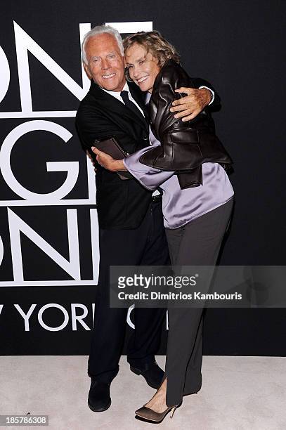 Fashion designer Giorgio Armani and Lauren Hutton attend Giorgio Armani One Night Only NYC at SuperPier on October 24, 2013 in New York City.