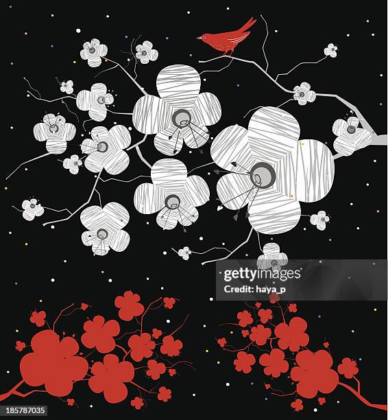 sakura's branch with red bird on black background - brunch stock illustrations