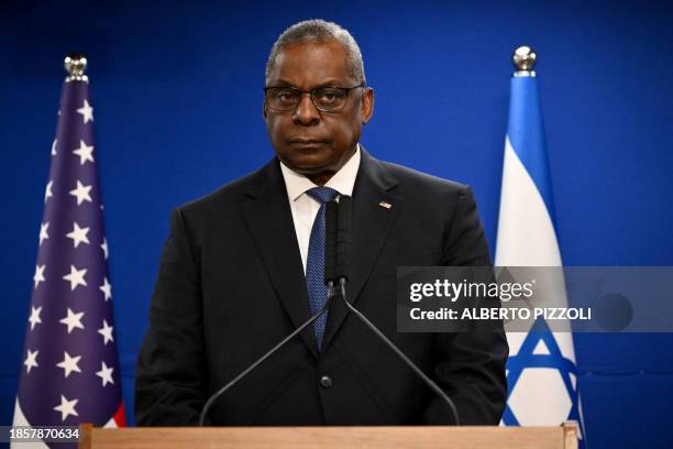 Secretary of Defence Lloyd Austin looks on during a joint press conference with Israel's defence minister, in Tel Aviv on December 18, 2023.