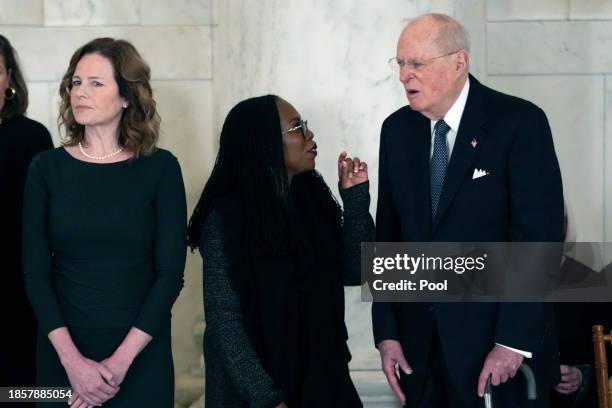 Supreme Court Justice Amy Coney Barrett, Justice Ketanji Brown Jackson and former Justice Anthony Kennedy attend a private ceremony for retired...