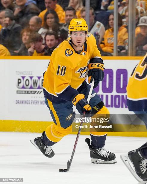 Colton Sissons of the Nashville Predators skates against the Philadelphia Flyers during an NHL game at Bridgestone Arena on December 12, 2023 in...