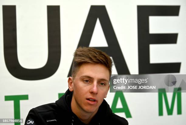 Team Emirates team member Tadej Pogacar of Slovenia gives a press conference following a training session at La Nucia, near Alicante, eastern Spain...