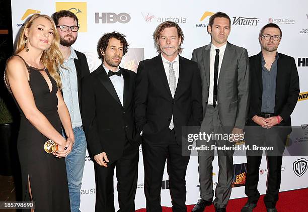 Mirrah Foulkes, Luke Doolan, Spencer Susser, Kieran Darcy-Smith, Nash Edgeton, David Michod attend the Australians in Film Benefit Dinner at the at...