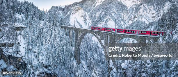swiss red train crossing the snowy alpine woods - ponte ferroviária imagens e fotografias de stock
