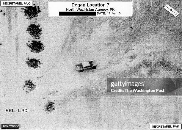 Pre-strike surveillance image from a drone in North Waziristan, Pakistan labeled "Degan Location 7" on January 19, 2010. All references to GEO...