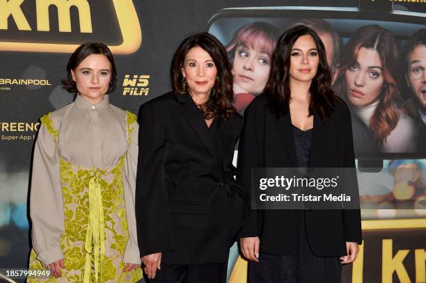 Lena Urzendowsky, Iris Berben and Nilam Farooq attend the Berlin premiere of 791 KM at Zoopalast on December 14, 2023 in Berlin, Germany.