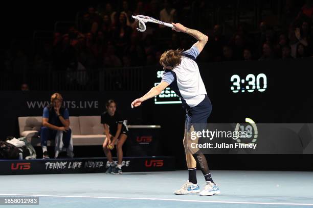 Alexander 'The Bublik Enemy' Bublik of Kazakhstan smashes his racket to the floor against Gael 'La Monf' Monfils of France his Group B match on Day...