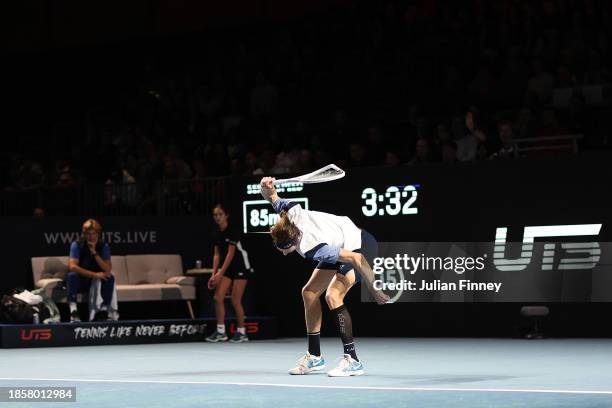 Alexander 'The Bublik Enemy' Bublik of Kazakhstan smashes his racket to the floor against Gael 'La Monf' Monfils of France his Group B match on Day...