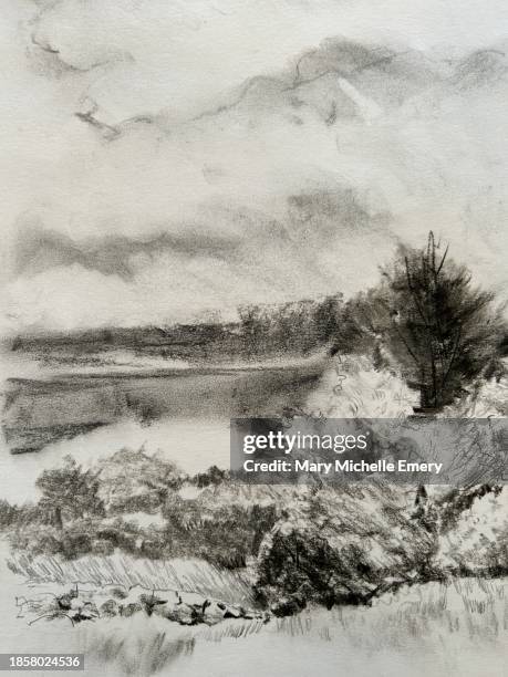 ilustraciones, imágenes clip art, dibujos animados e iconos de stock de escena del lago en carboncillo - dibujo al carbón