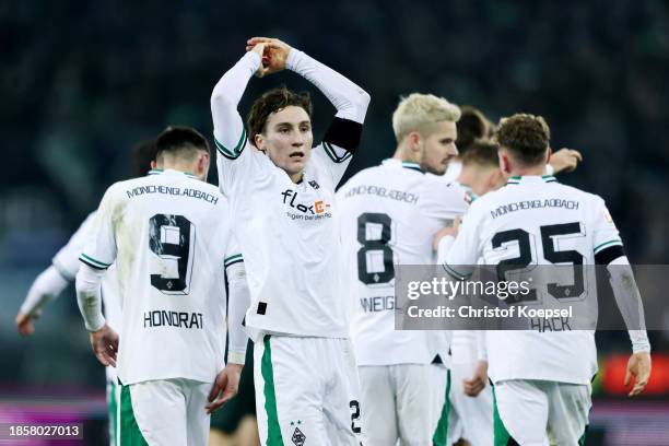 Rocco Reitz of Borussia Moenchengladbach celebrates after scoring their team's first goal during the Bundesliga match between Borussia...