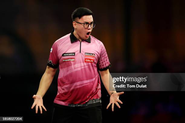 Rusty-Jake Rodriguez of Austria reacts in his first round match against Cameron Menzies of Scotland on Day One of 2023/24 Paddy Power World Darts...