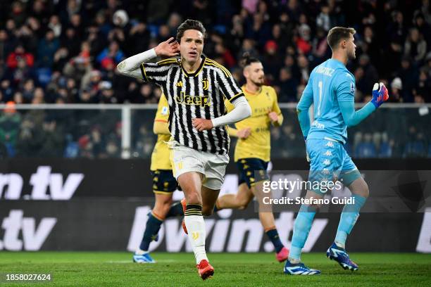 Federico Chiesa of Juventus FC celebrates a goal during the Serie A TIM match between Genoa CFC and Juventus at Stadio Luigi Ferraris on December 15,...