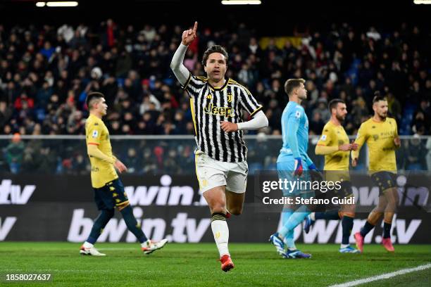 Federico Chiesa of Juventus FC celebrates a goal during the Serie A TIM match between Genoa CFC and Juventus at Stadio Luigi Ferraris on December 15,...