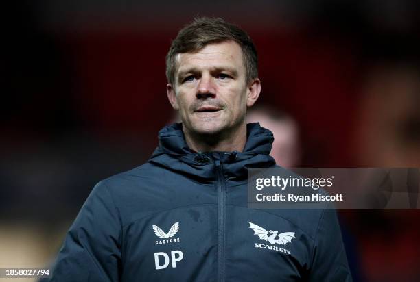 Dwayne Peel, Head Coach of Scarlets, looks on prior to the EPCR Challenge Cup match between Scarlets and Black Lion at Parc y Scarlets on December...