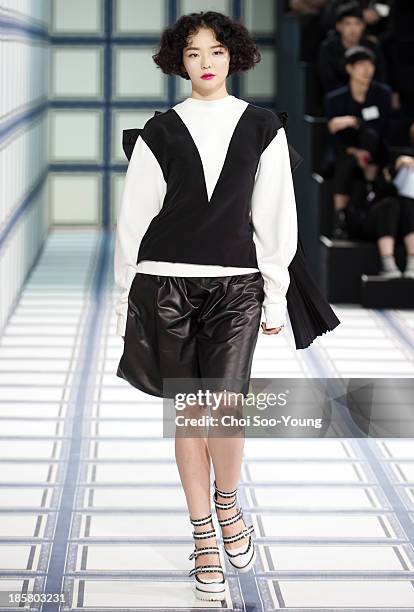 Model walks the runway during the Jardin De Chouette show at Seoul Fashion Week 2014 S/S at Grand Hyatt Hotel on October 22, 2013 in Seoul, South...