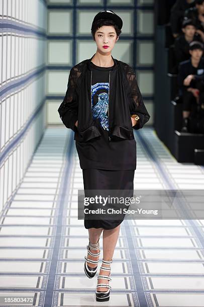 Model walks the runway during the Jardin De Chouette show at Seoul Fashion Week 2014 S/S at Grand Hyatt Hotel on October 22, 2013 in Seoul, South...