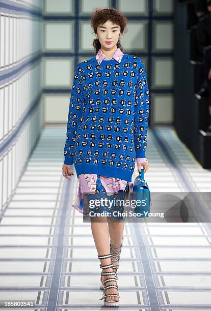 Model walks the runway during the Jardin De Chouette show at Seoul Fashion Week 2014 S/S at Grand Hyatt Hotel on October 22, 2013 in Seoul, South...