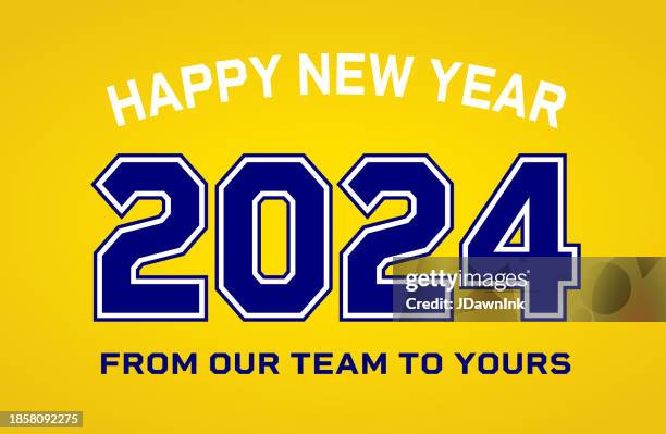 2024 happy new year from our team to yours greeting design for athletic sports team in jersey style - sports uniform font stock illustrations