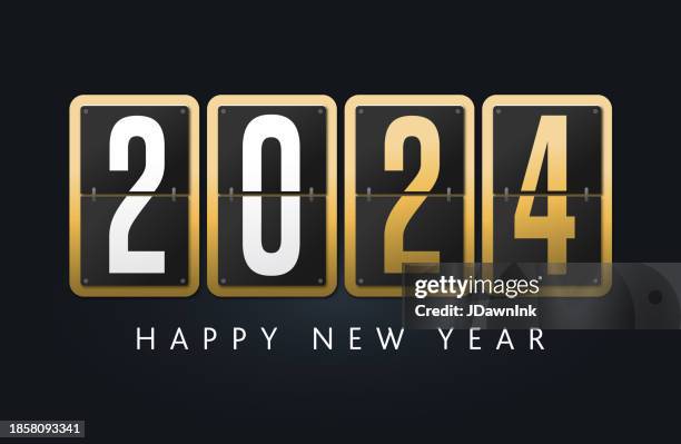 stockillustraties, clipart, cartoons en iconen met 2024 happy new year greeting design with number flip counter or countdown clock display on black background with fireworks - flip clock